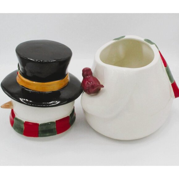 Ceramic Snowman Cookie JarTop Hat Scarf Cardinal Winter Holiday 12"   ki - Picture 3 of 6